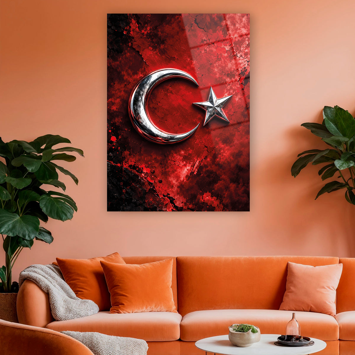 3D ay yıldız kırmızı zeminli dekoratif cam tablo
