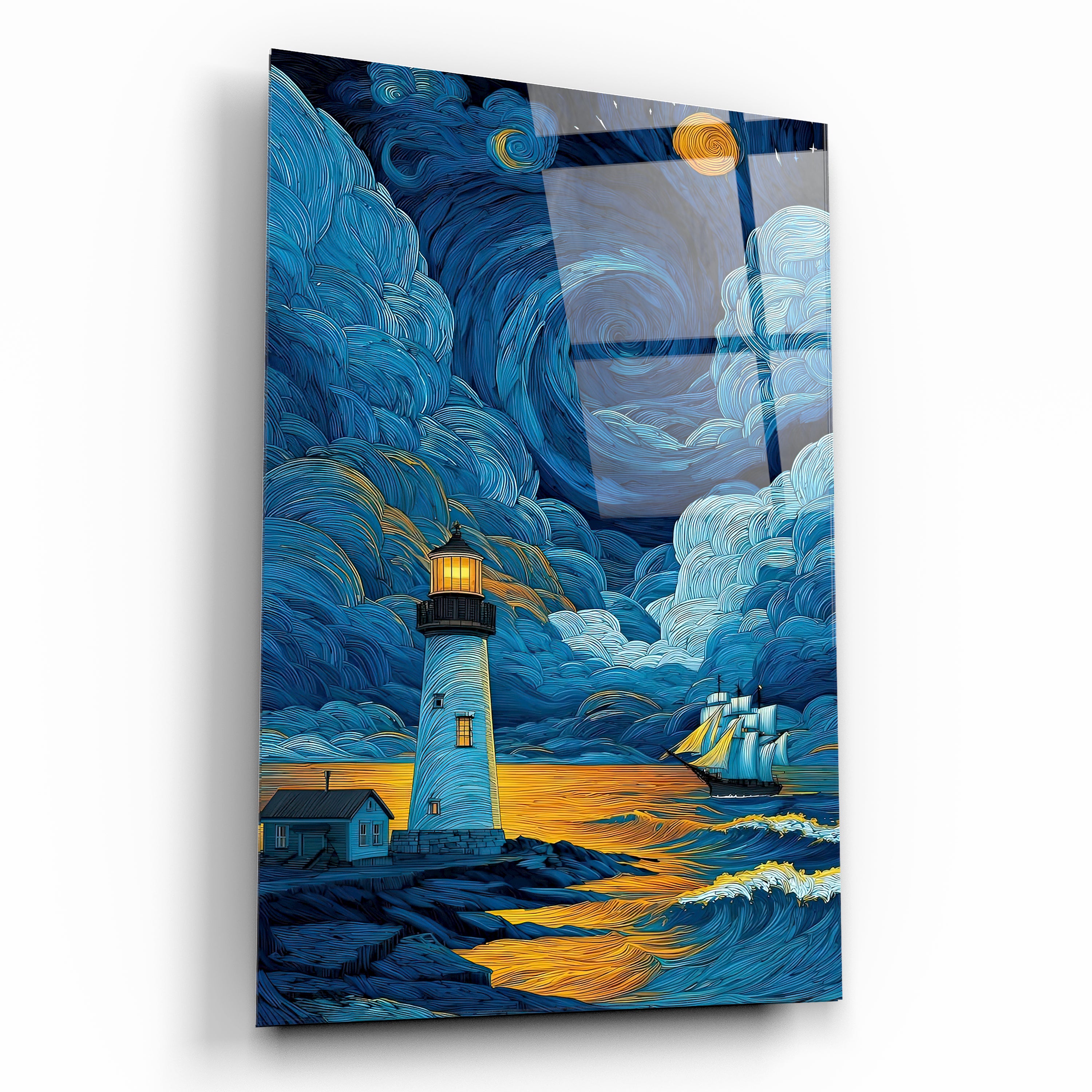 3d dokulu deniz feneri ve gemi cam tablo van gogh stili