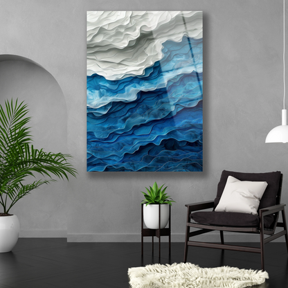 Dikey formda soyut okyanus dalgası temalı temperli cam tablo