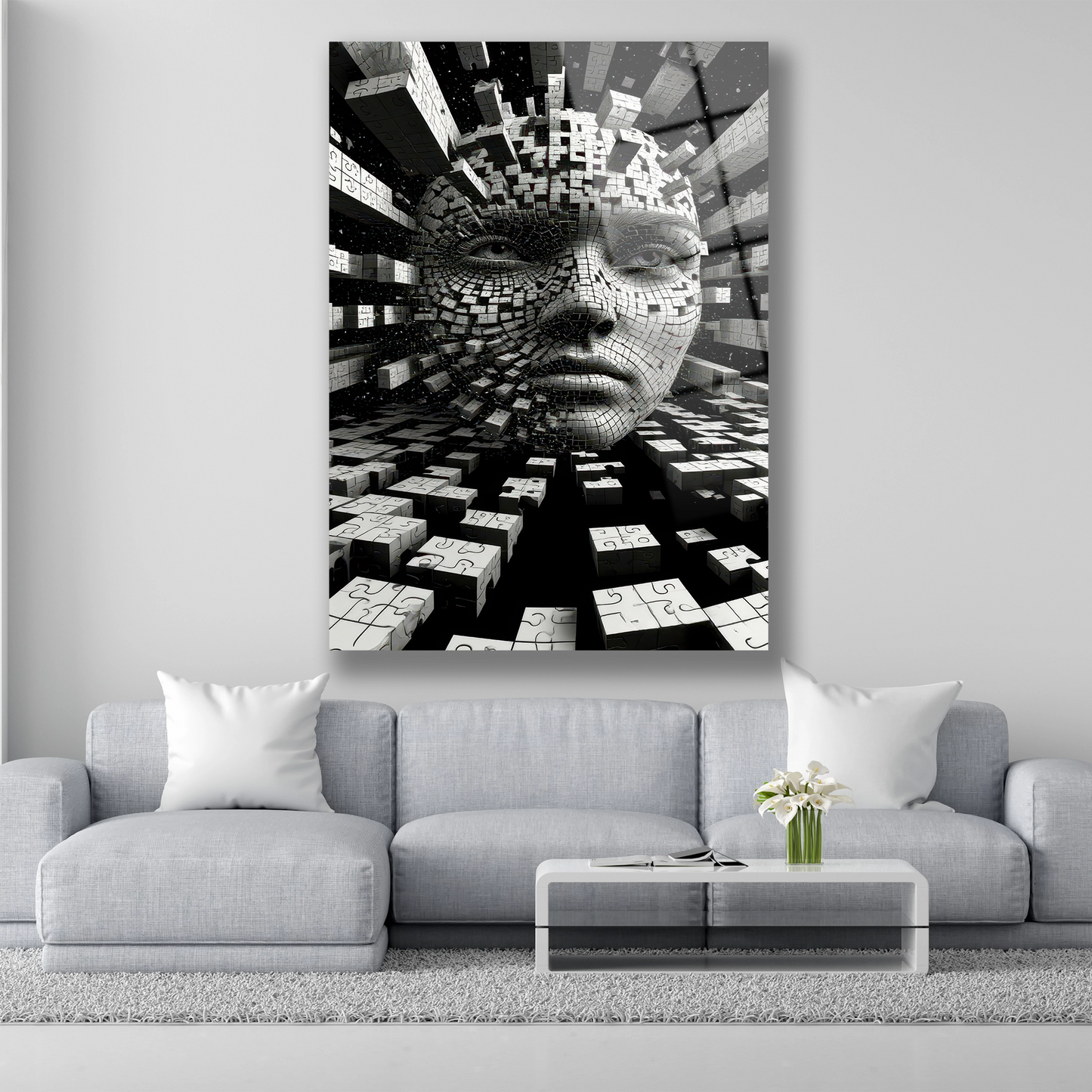 Yapboz parçalarından oluşan 3D insan yüzü silüeti cam tablo