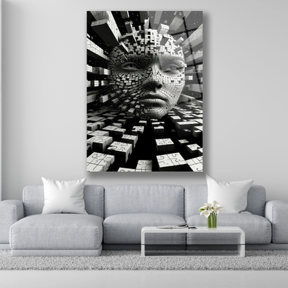 Yapboz parçalarından oluşan 3D insan yüzü silüeti cam tablo