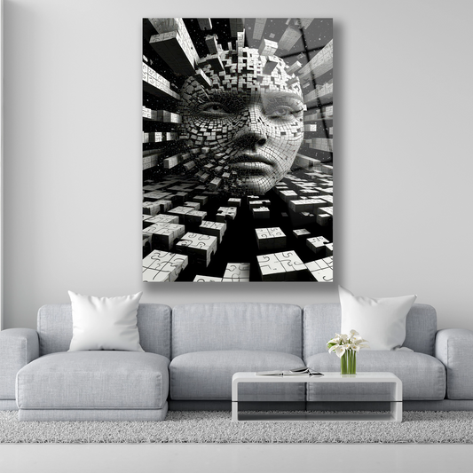 Yapboz parçalarından oluşan 3D insan yüzü silüeti cam tablo