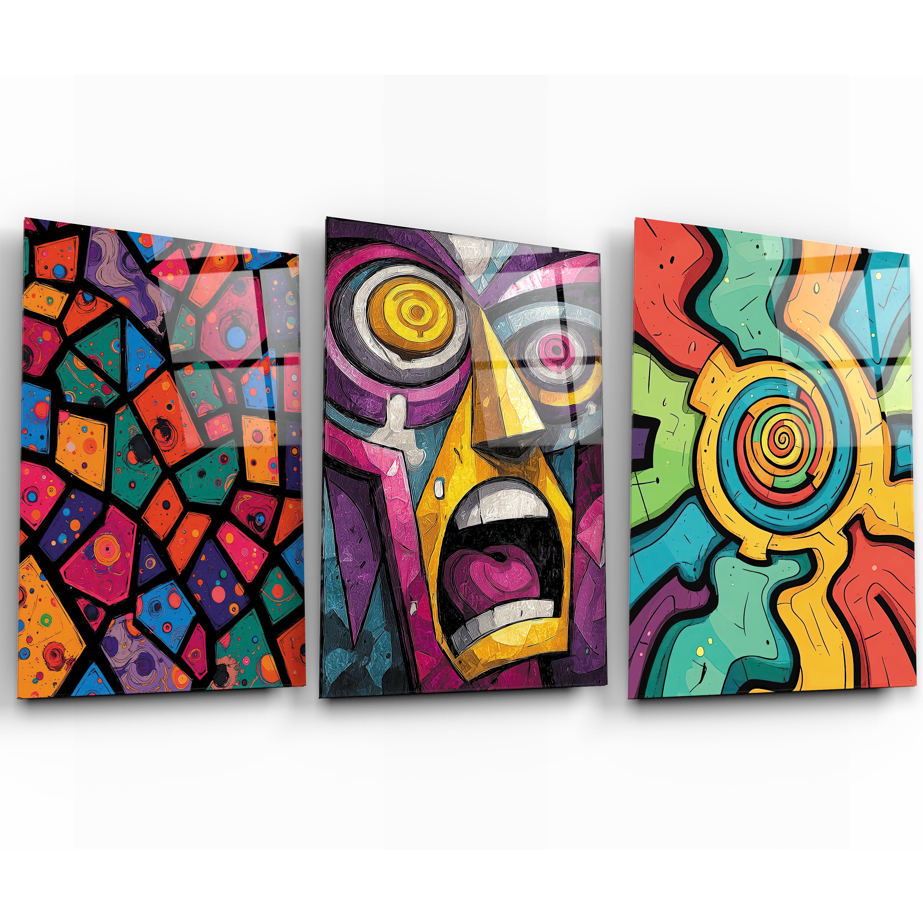 3lü set renkli soyut yüz cam tablo pop art tarzı