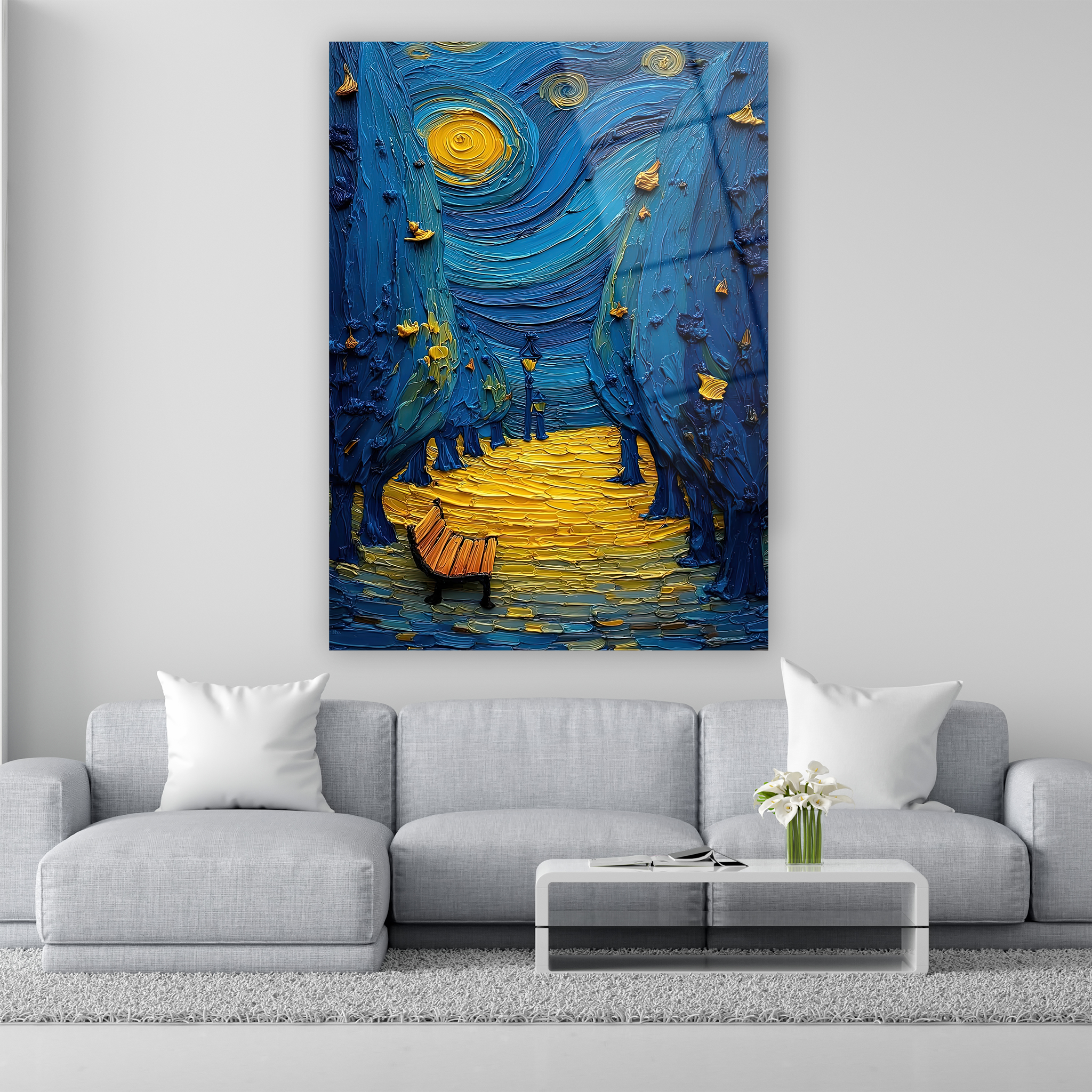 Yıldızlı Gece Park Bankı ve Ağaçlı Yol Cam Tablo - Van Gogh Stili Gece Manzarası