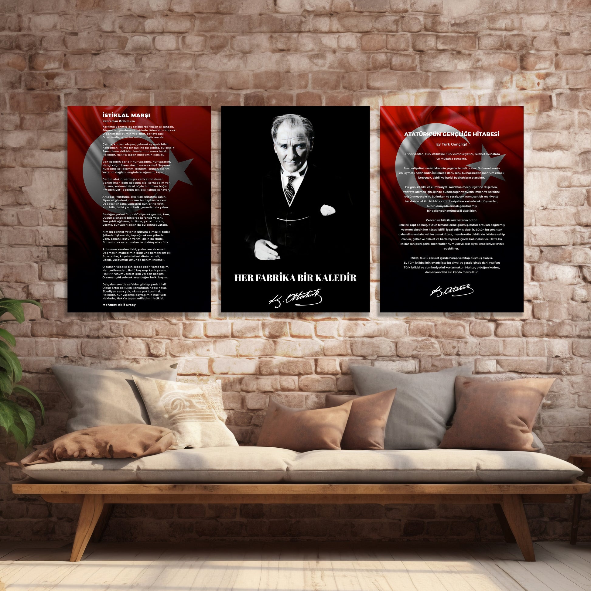 Okullar İçin Atatürk Köşesi 3’lü Set Cam Tablo dekorica