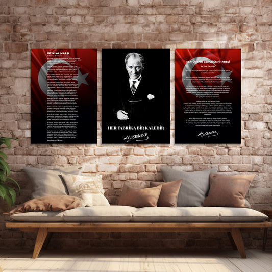 Okullar İçin Atatürk Köşesi 3’lü Set Cam Tablo dekorica