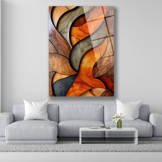 Kıvrımlı ahşap marketeri desenli soyut cam tablo dokusu