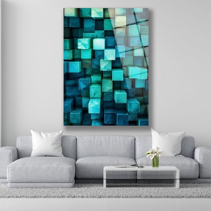 Turkuaz ve mavi renkli 3 boyutlu geometrik küpler desenli cam tablo