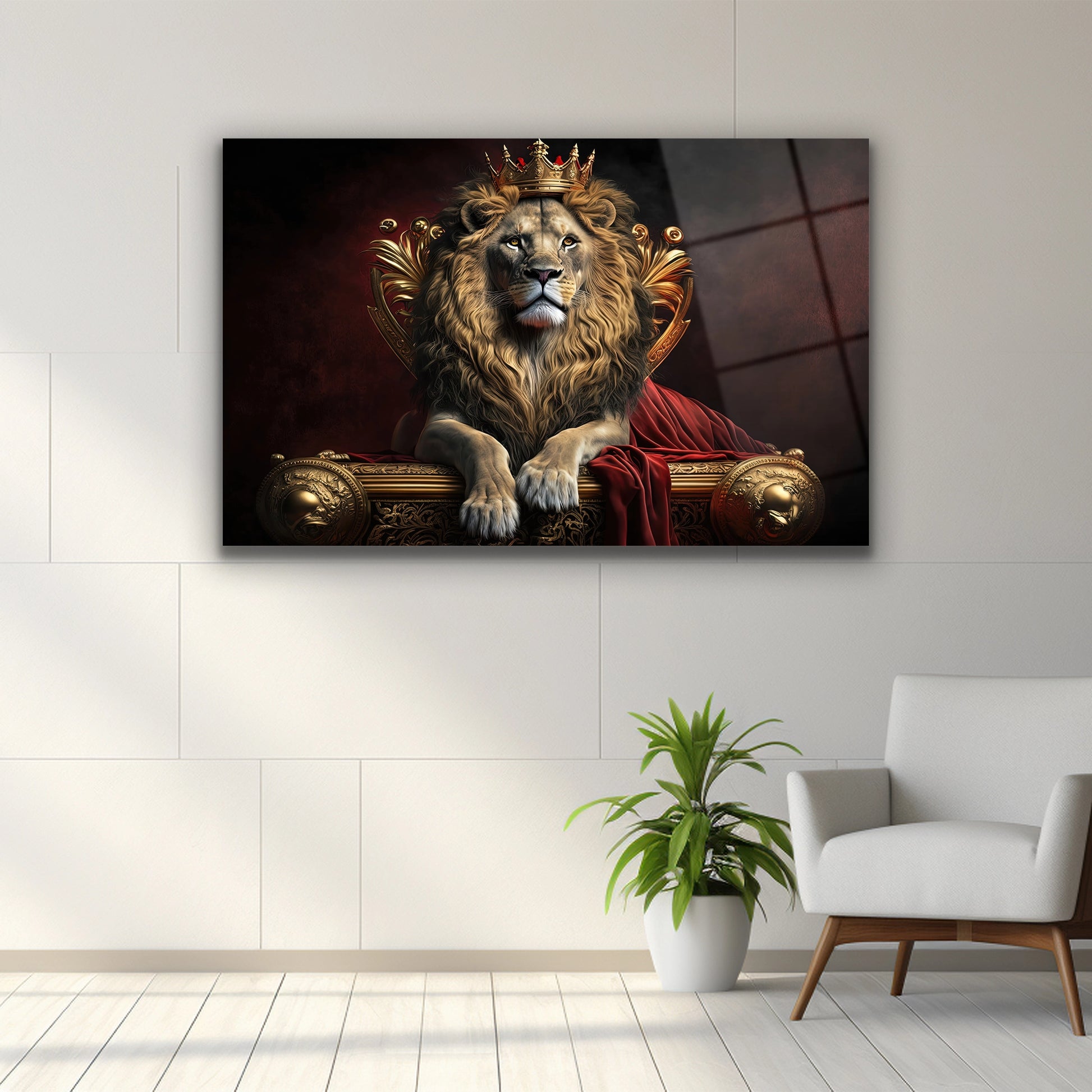 Altın taçlı kral aslan ve taht temalı cam tablo