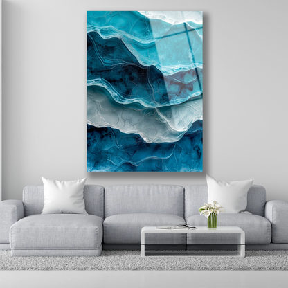 Mavi okyanus dalgaları ve buz katmanı görünümlü soyut cam tablo dokusu