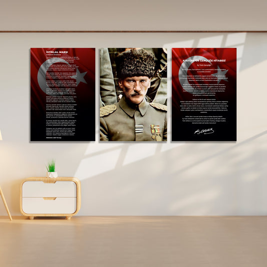 Okullar İçin Atatürk Köşesi 3’lü Set Cam Tablo dekorica