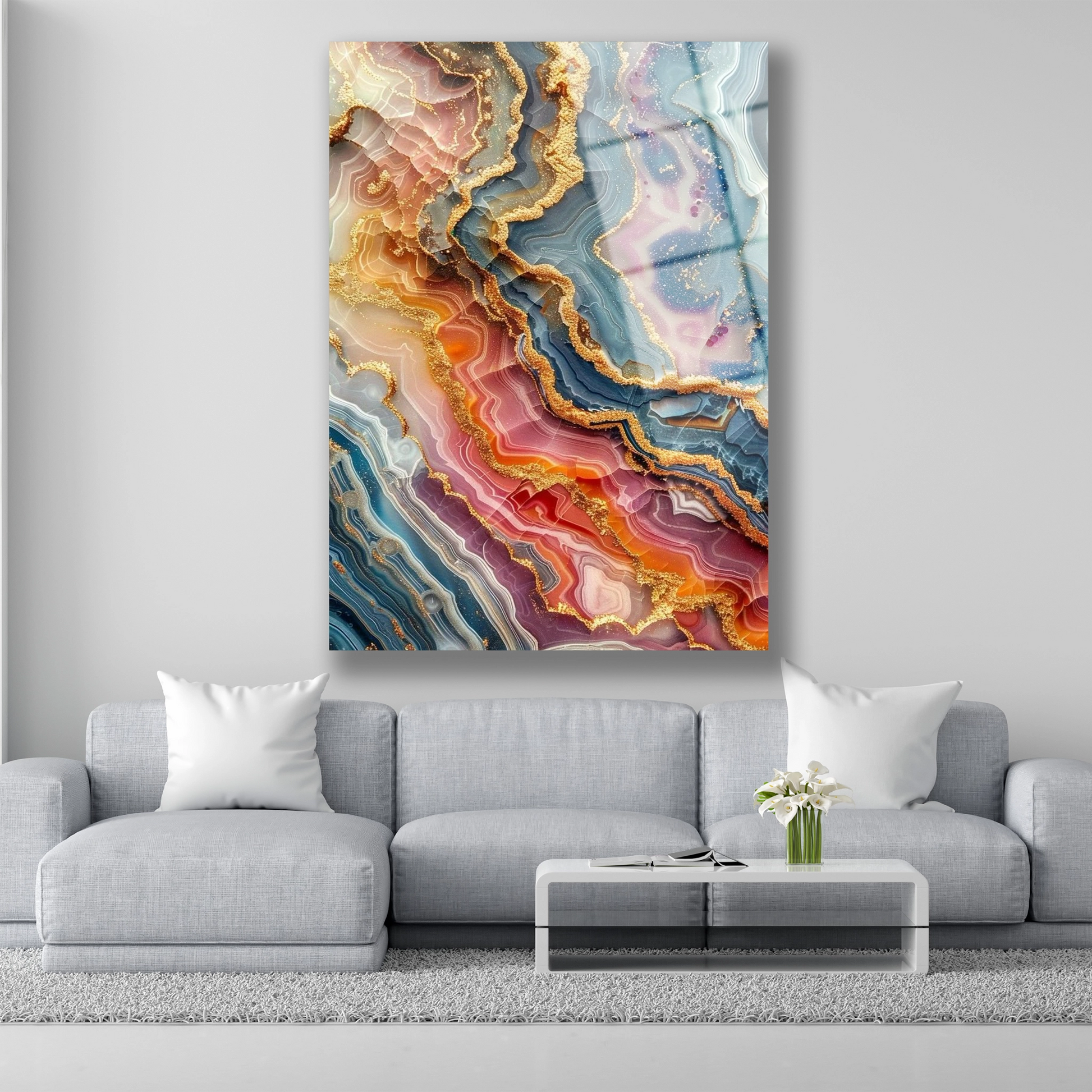 Mavi pembe ve altın renkli akik taşı görünümlü soyut cam tablo deseni
