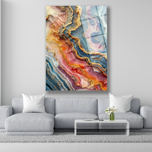 Mavi pembe ve altın renkli akik taşı görünümlü soyut cam tablo deseni