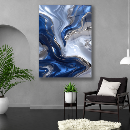 Ofis ve Salon İçin Şık Mavi Gümüş Likit Cam Tablo