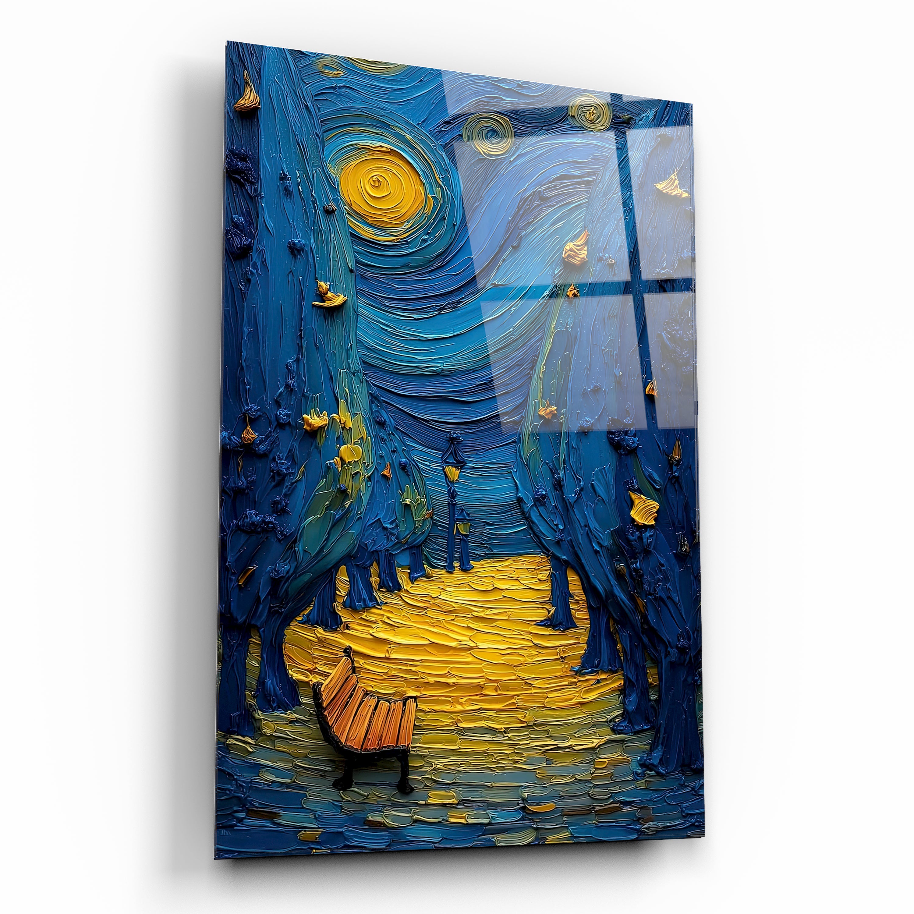 Yıldızlı Gece Park Bankı ve Ağaçlı Yol Cam Tablo - Van Gogh Stili Gece Manzarası