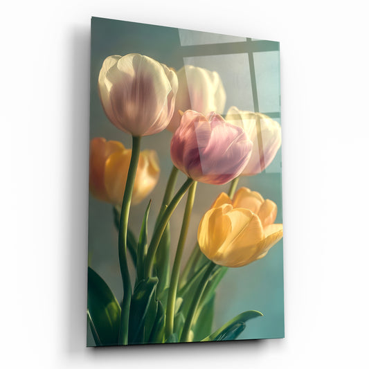 Pastel Renkli Lale Buketi ve Bahar Esintisi Cam Tablo