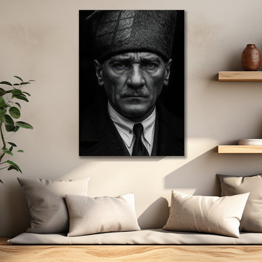 Atatürk Cam Tablo | Siyah Beyaz Takım Elbiseli