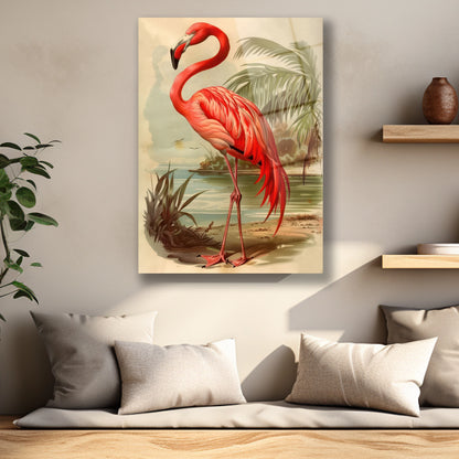 Flamingo tüylerinin detaylı illüstrasyonu ve eskitme kağıt görünümlü zemin