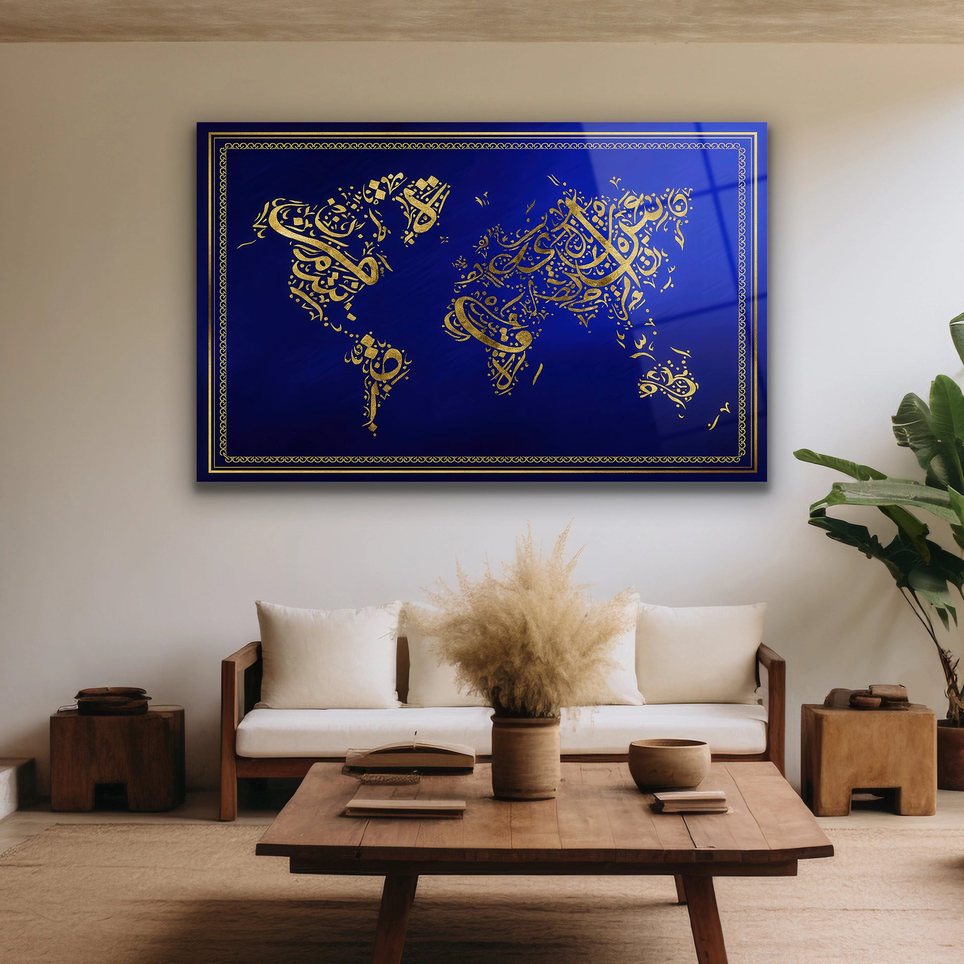 gold islami dünya haritası cam tablo