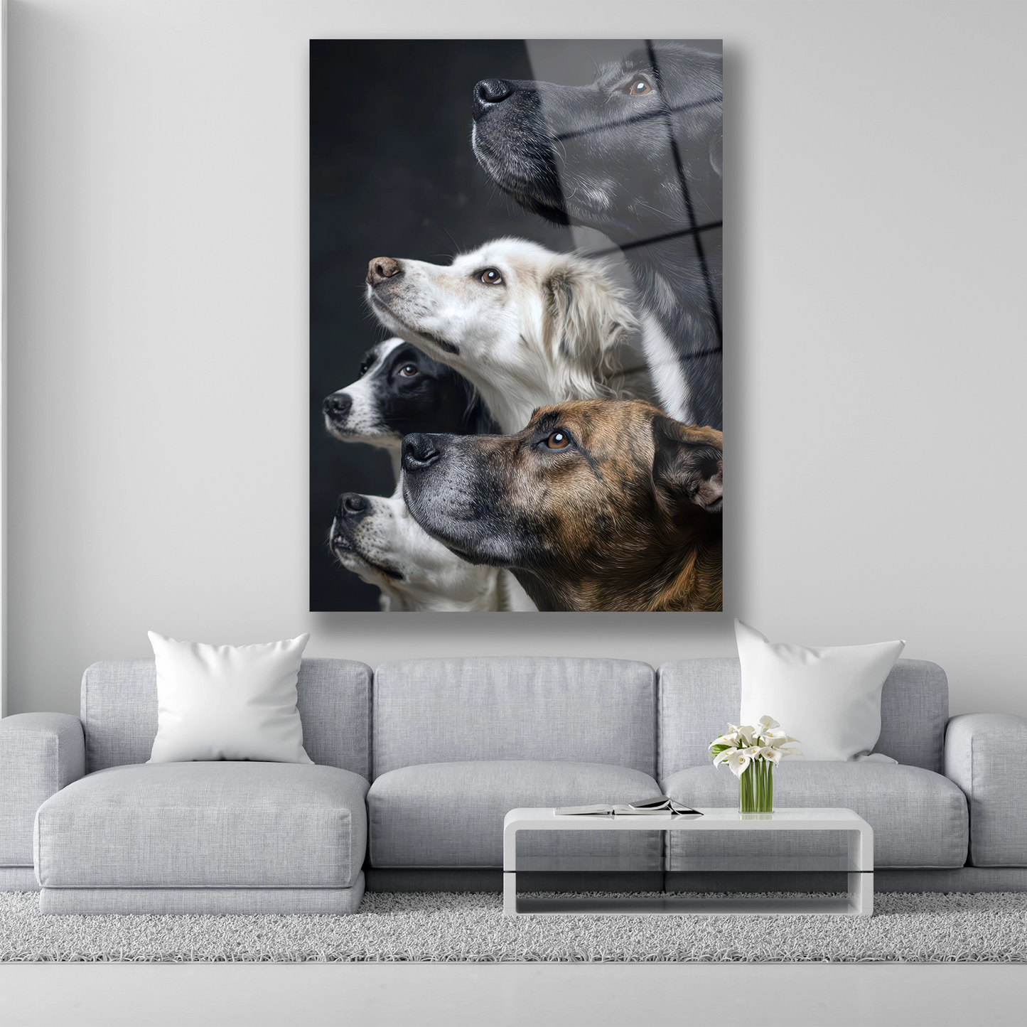 Beş farklı köpek ırkının profil görünümü olan siyah fonlu cam tablo