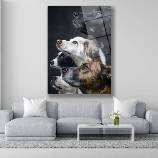 Beş farklı köpek ırkının profil görünümü olan siyah fonlu cam tablo
