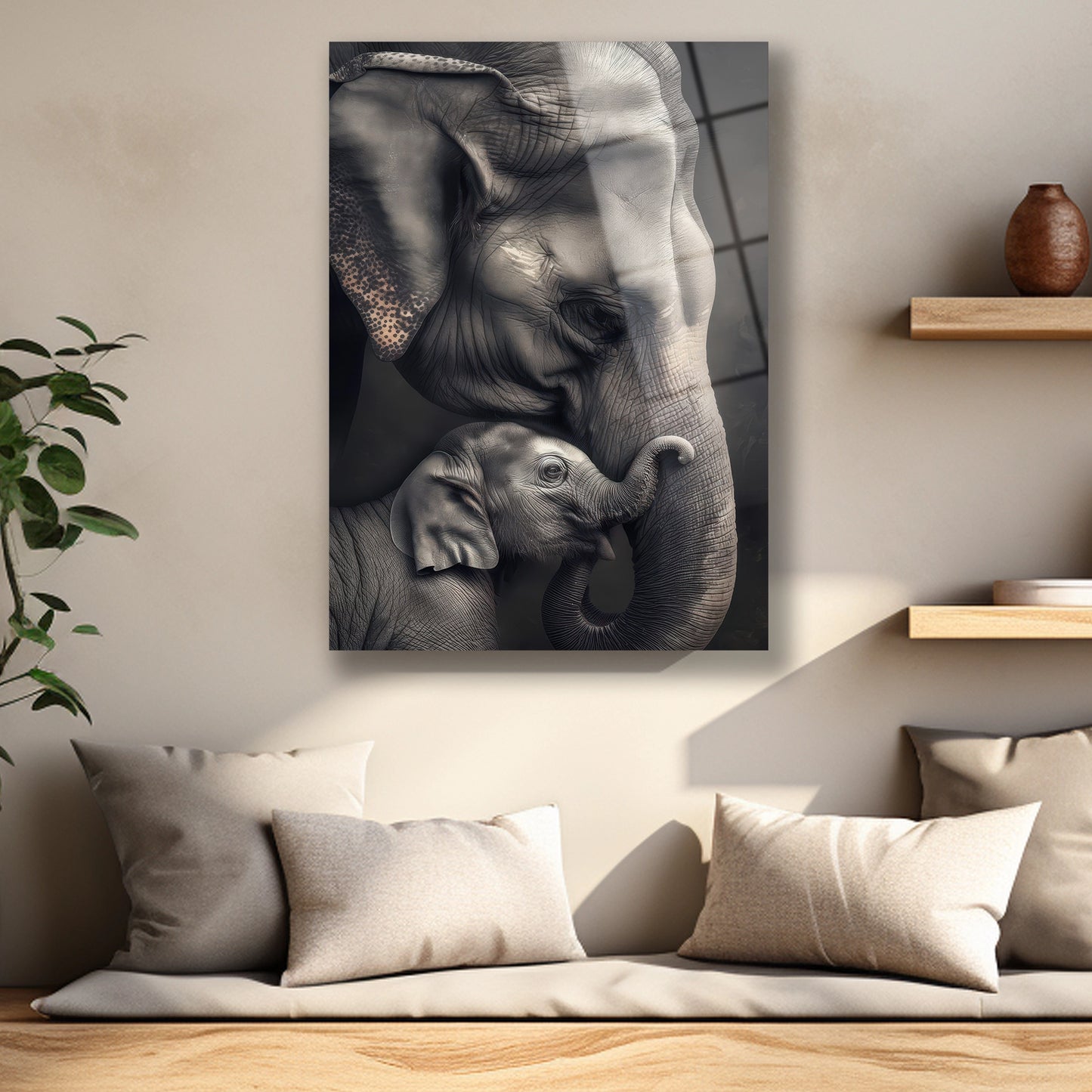 Fil derisi dokusunu ve göz detaylarını gösteren yüksek çözünürlüklü cam baskı