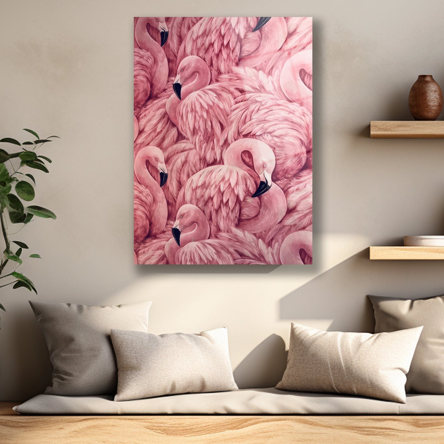 Flamingo tüylerinin dokusunu ve renk geçişlerini gösteren cam baskı detayı