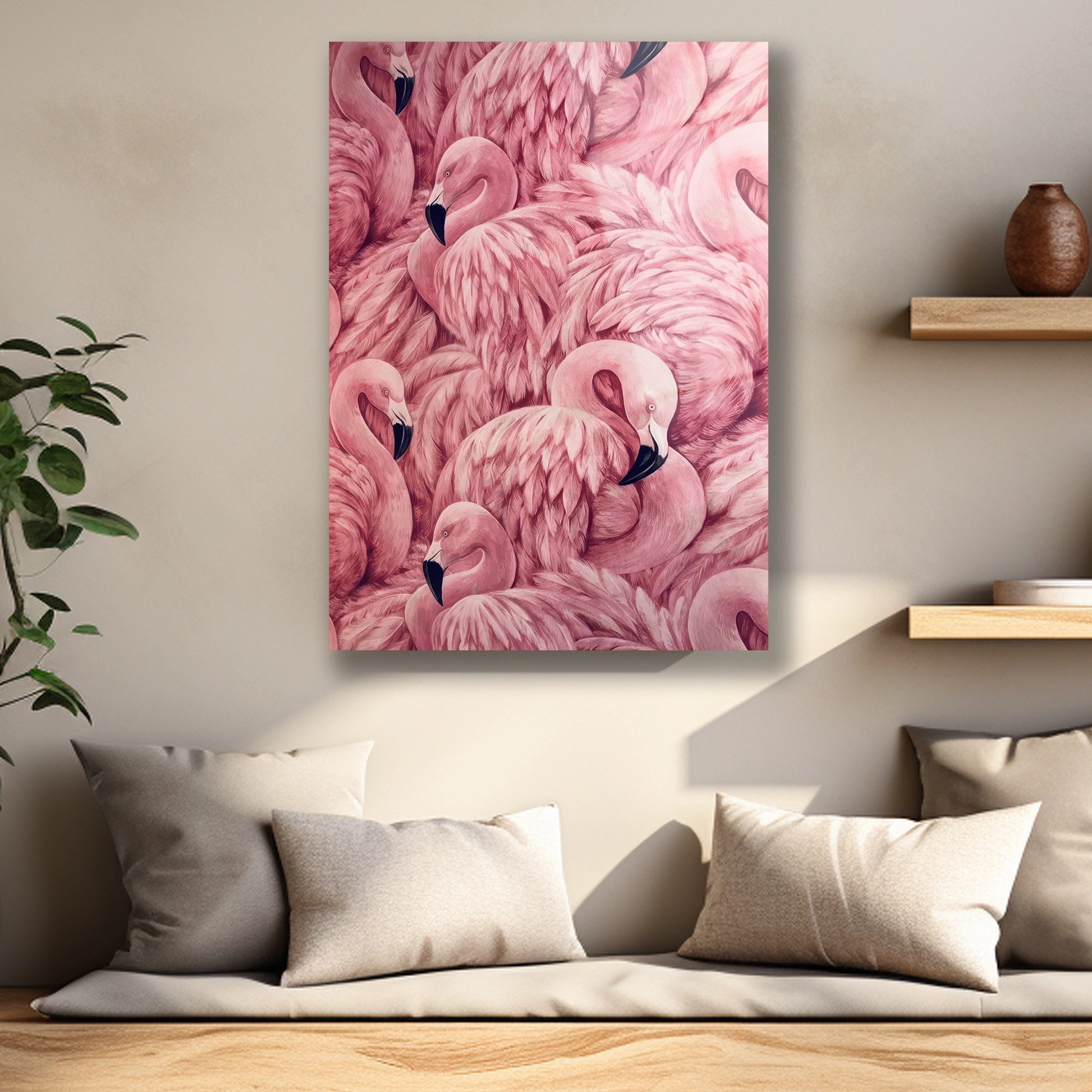 Flamingo tüylerinin dokusunu ve renk geçişlerini gösteren cam baskı detayı