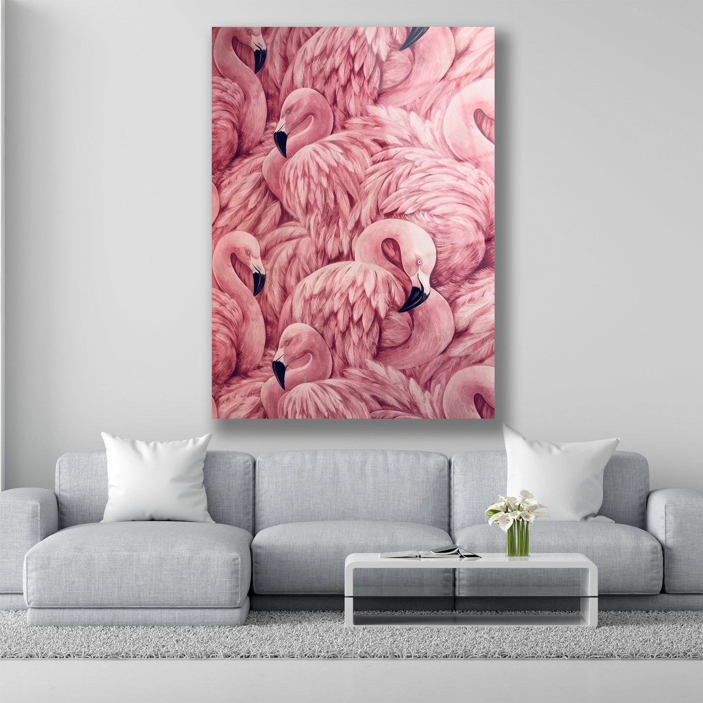 Pembe flamingo sürüsü desenli ve tüy detaylı cam tablo