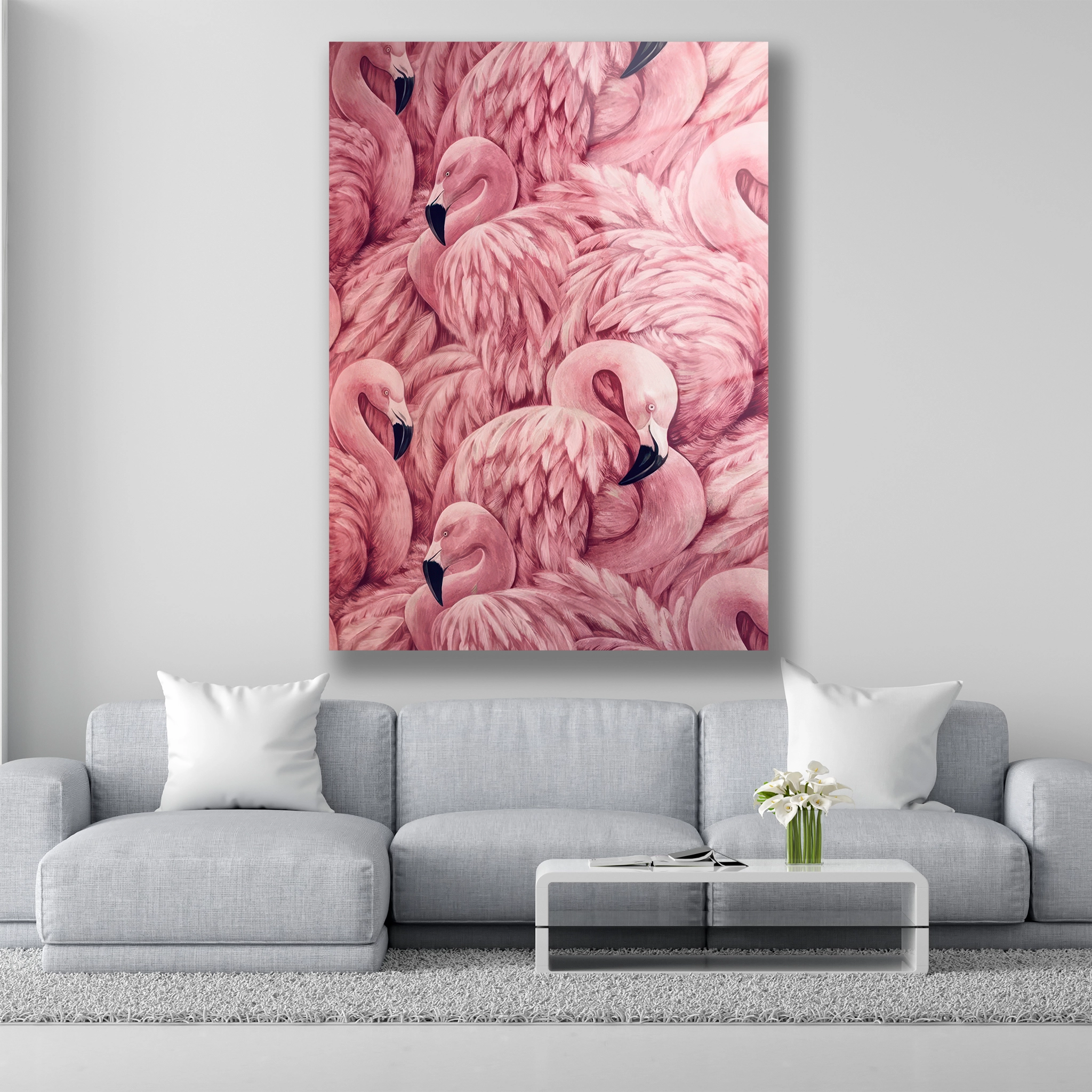 Pembe flamingo sürüsü desenli ve tüy detaylı cam tablo