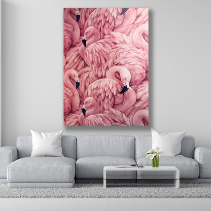 Pembe flamingo sürüsü desenli ve tüy detaylı cam tablo
