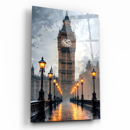 Londra Big Ben ve Yağmurlu Sokak Manzarası Cam Tablo