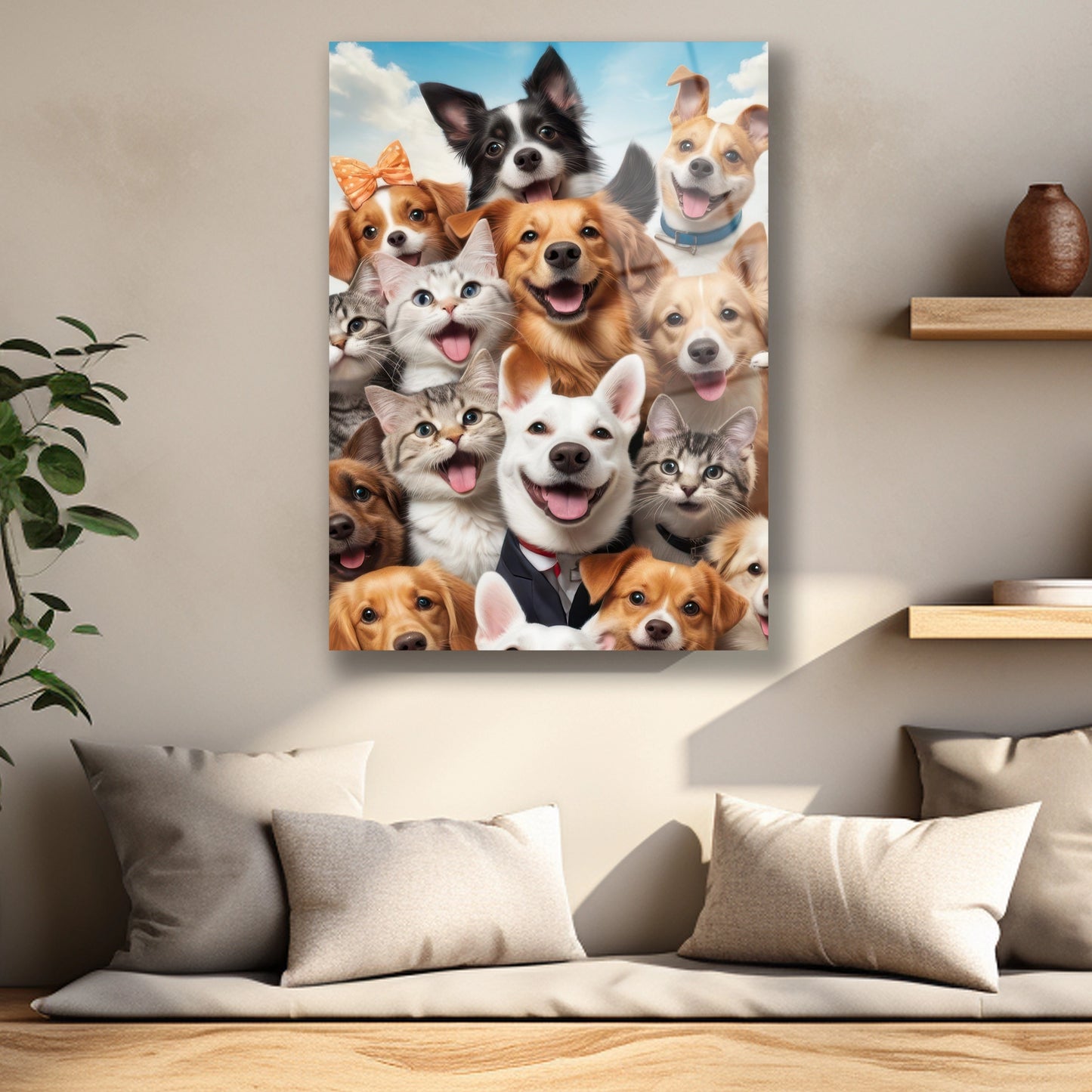 Mutlu Golden Retriever ve tekir kedi detaylı yüksek kaliteli cam baskı