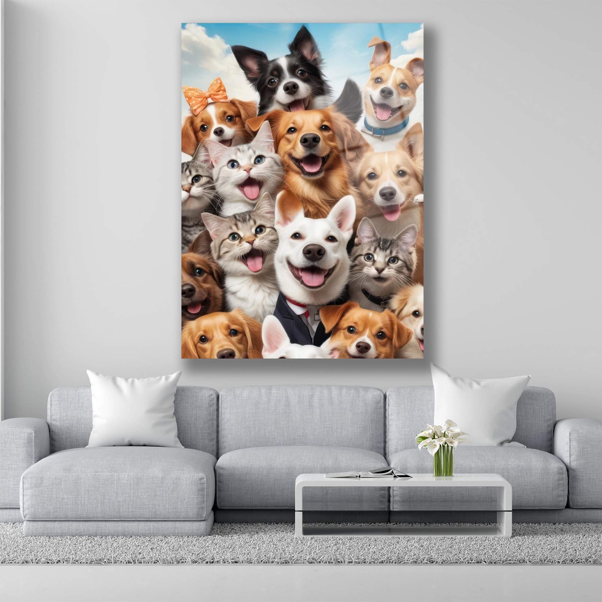 Gülümseyen kedi ve köpeklerin toplu selfie pozu cam tablo