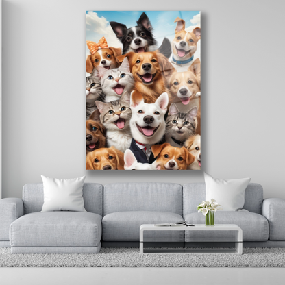 Gülümseyen kedi ve köpeklerin toplu selfie pozu cam tablo