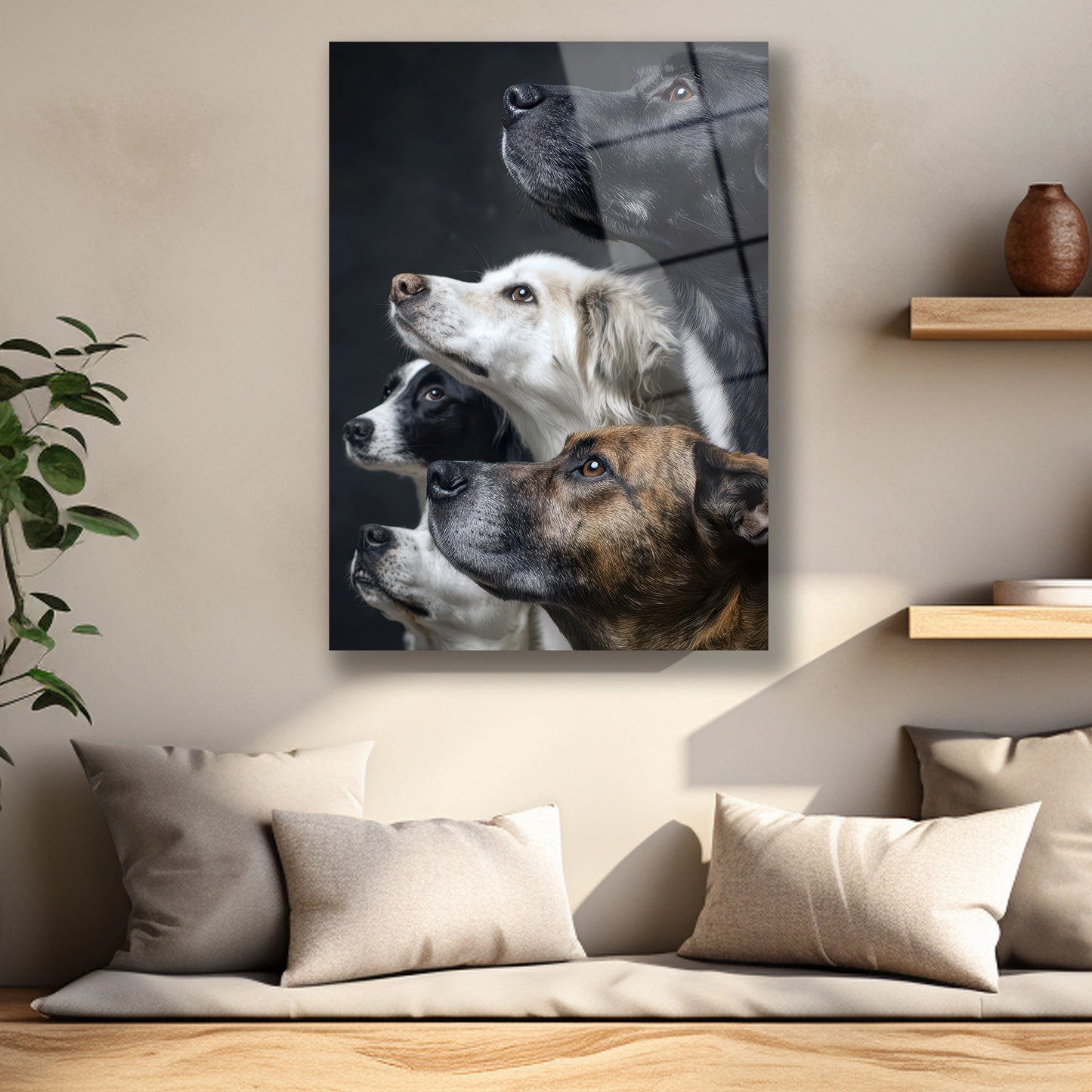 Köpeklerin parlak gözleri ve tüy detaylarını gösteren cam baskı yakından görünüm