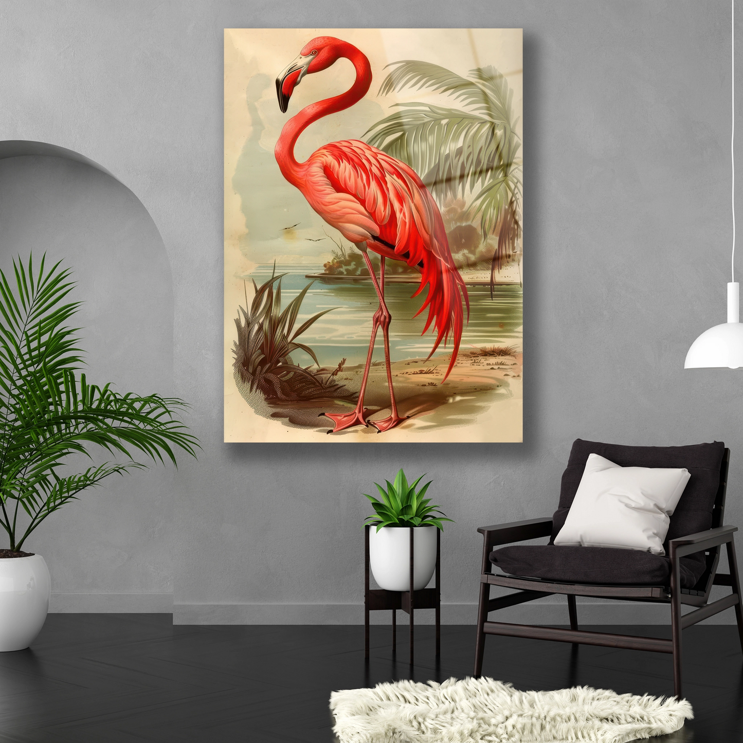 Dikey formda nostaljik flamingo desenli temperli cam baskı