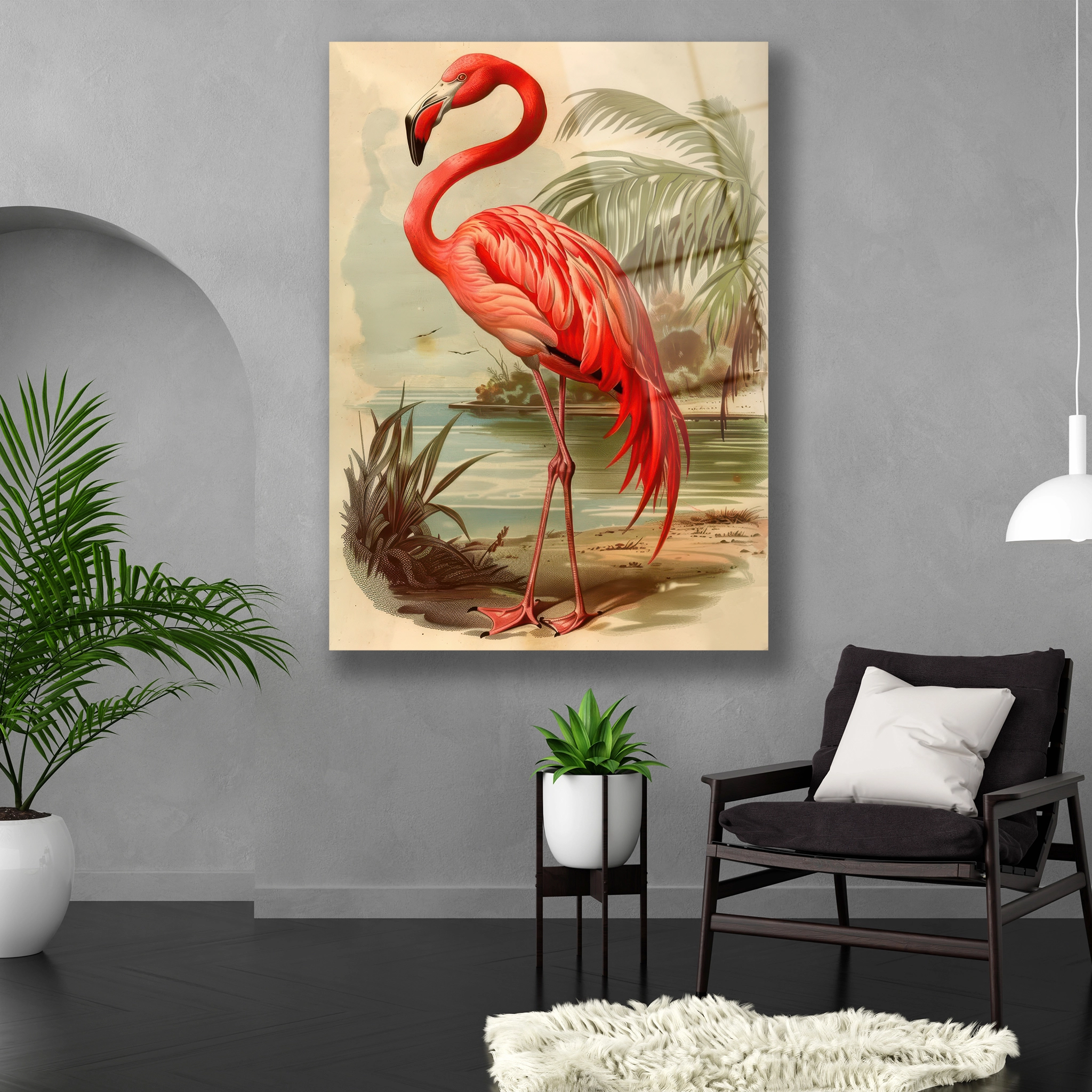 Dikey formda nostaljik flamingo desenli temperli cam baskı