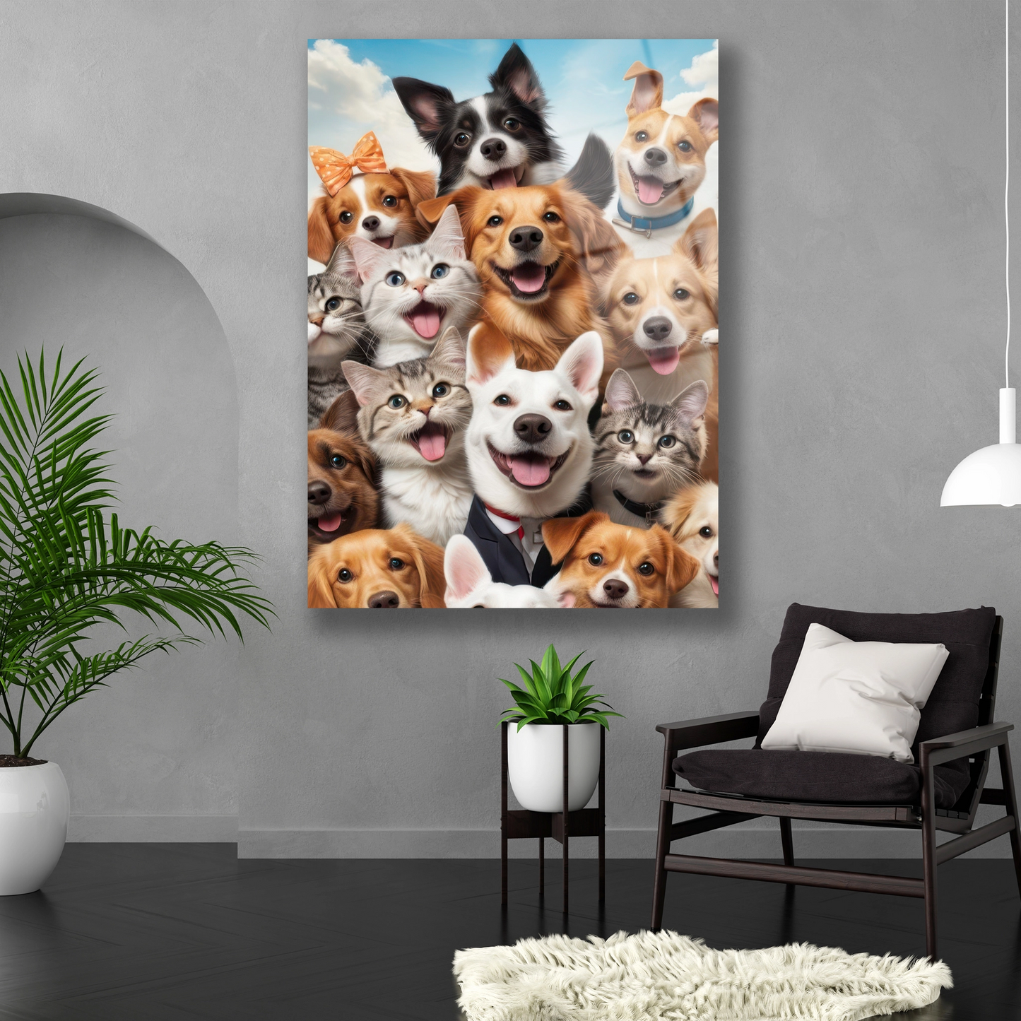 Dikey formda renkli ve neşeli kedi köpek kolajı duvar dekoru