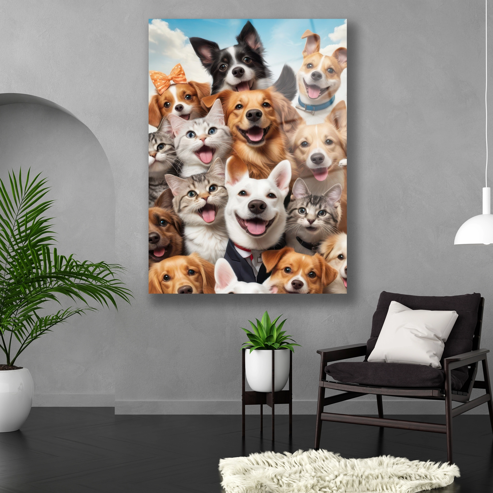 Dikey formda renkli ve neşeli kedi köpek kolajı duvar dekoru
