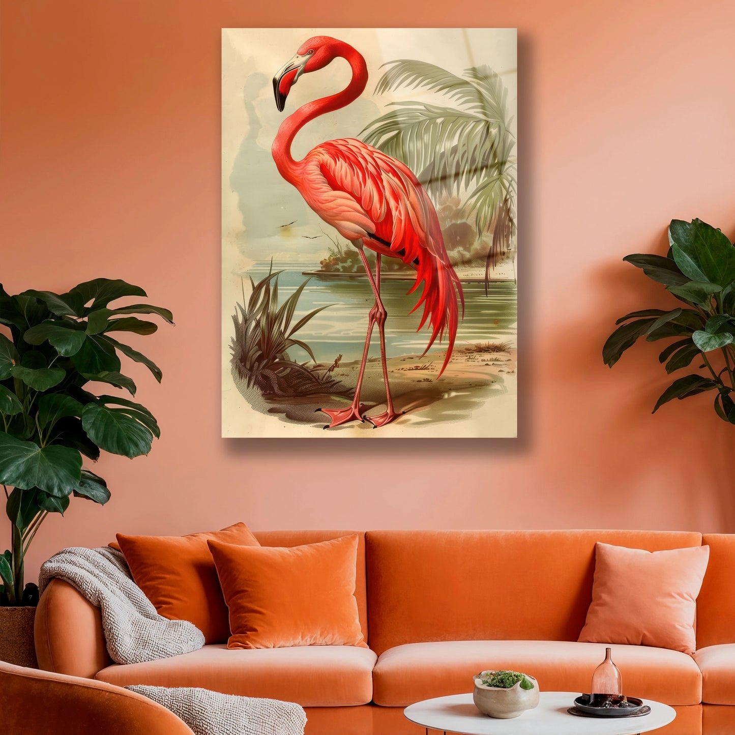 Retro dekorasyonlu odada asılı flamingo resimli cam duvar panosu