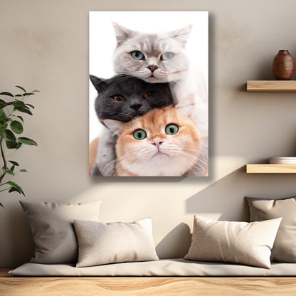 Kedilerin renkli gözlerini ve tüy detaylarını gösteren cam baskı