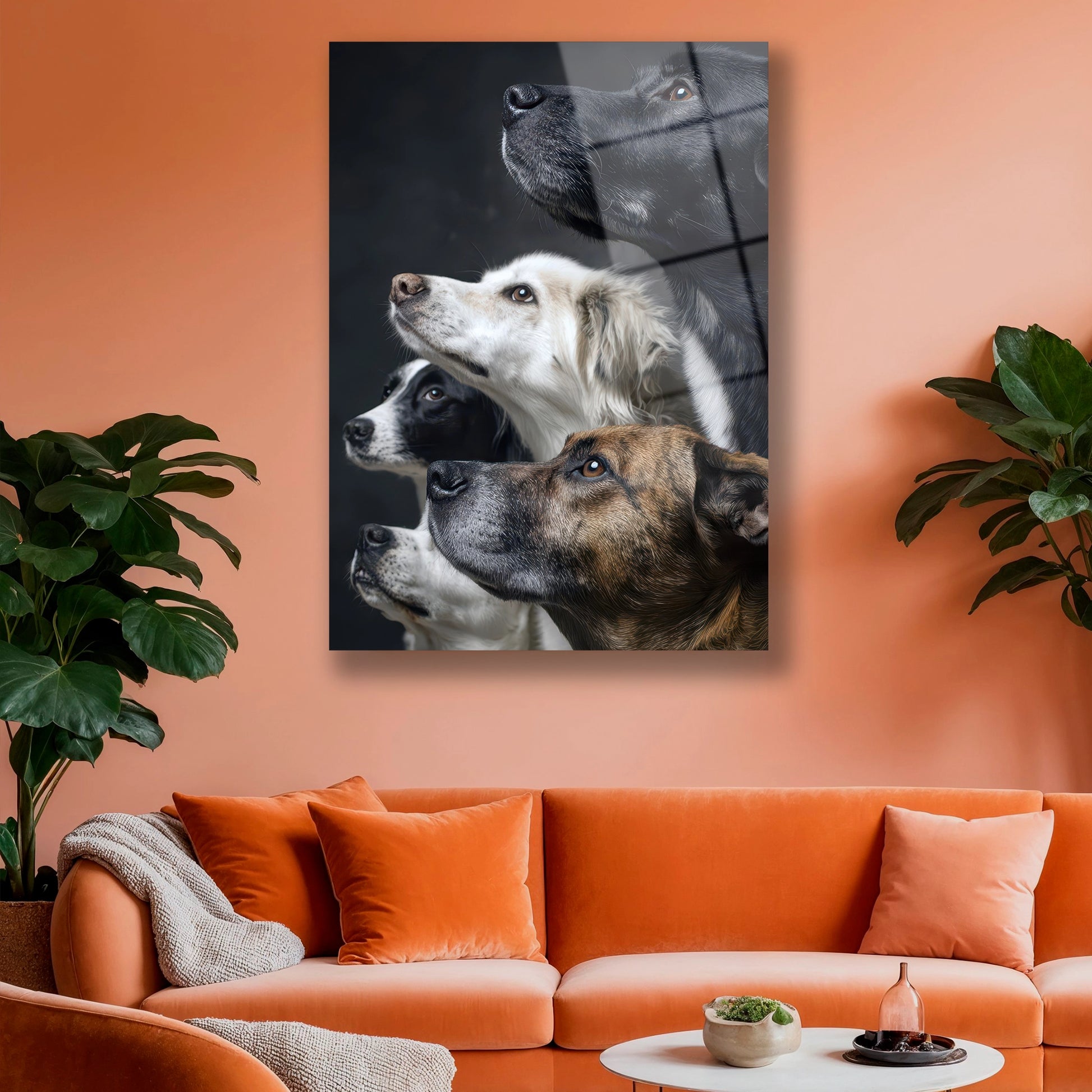 Modern salonda duvara asılı sadık dostlar temalı köpekli cam tablo