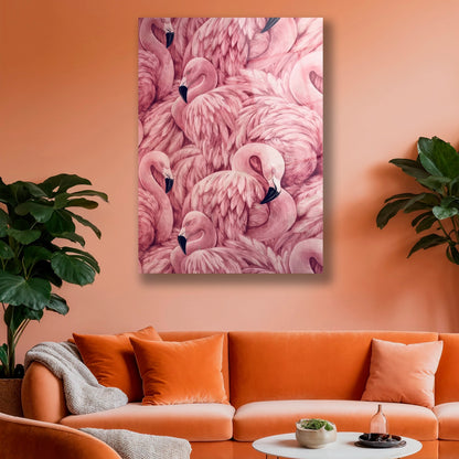 Beyaz duvarda asılı tropikal temalı pembe flamingo cam duvar dekoru