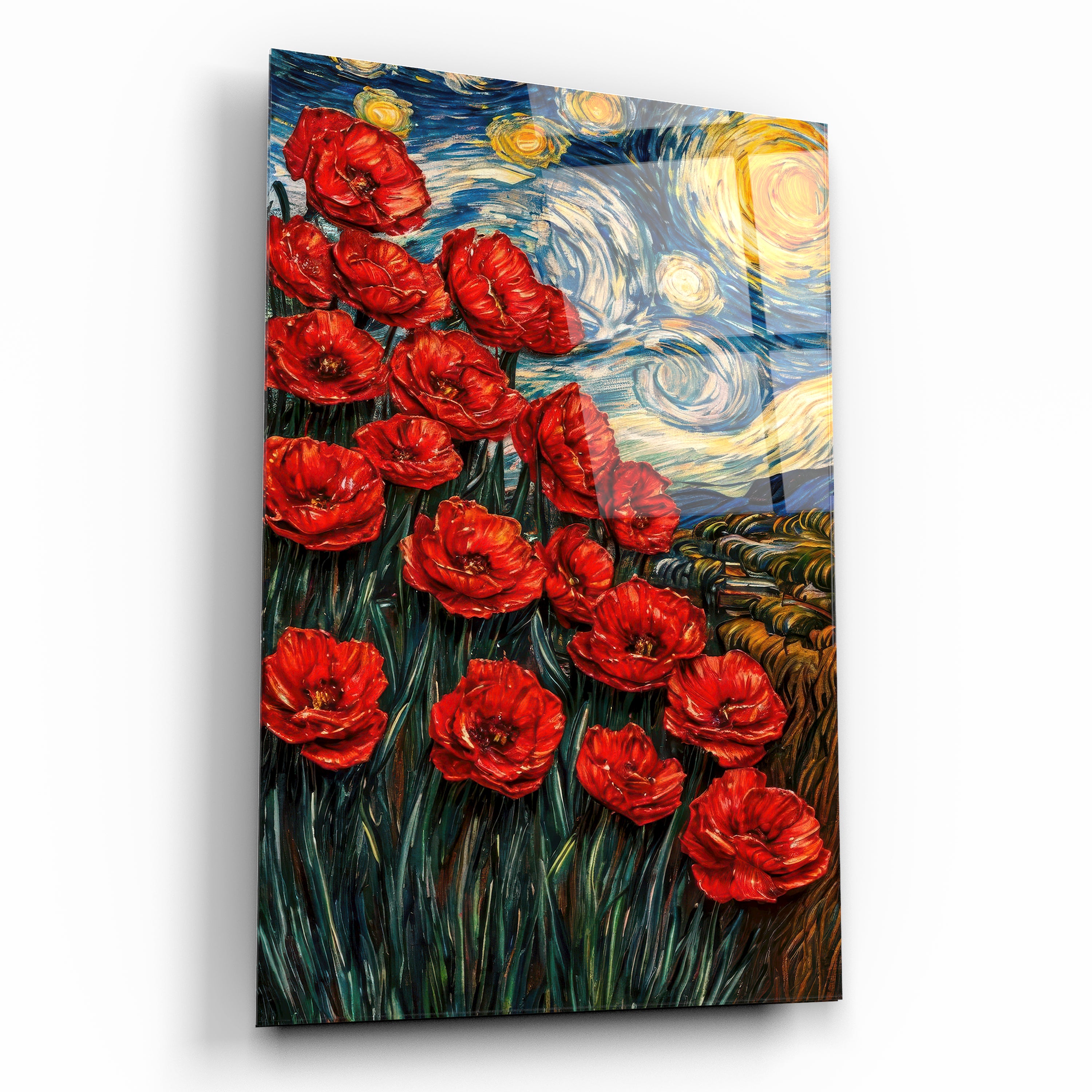 Van Gogh Yıldızlı Gece ve Kırmızı Gelincikler Cam Tablo