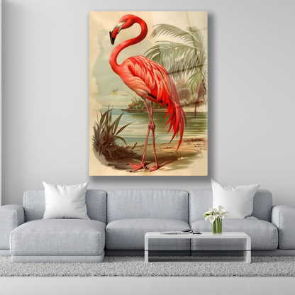 Vintage tarzda çizilmiş kırmızı flamingo ve palmiye yapraklı cam tablo