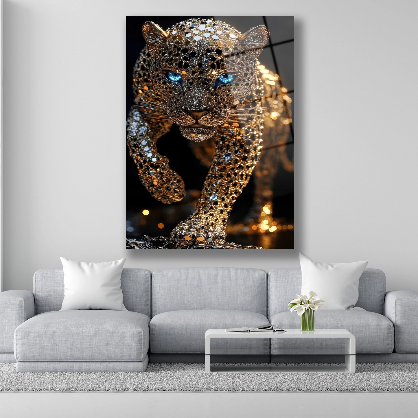 Altın pul ve sim efektli mavi gözlü leopar cam tablo