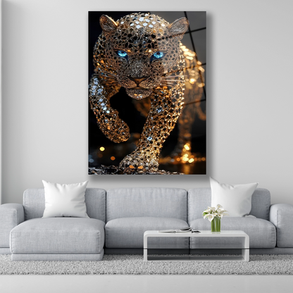 Altın pul ve sim efektli mavi gözlü leopar cam tablo