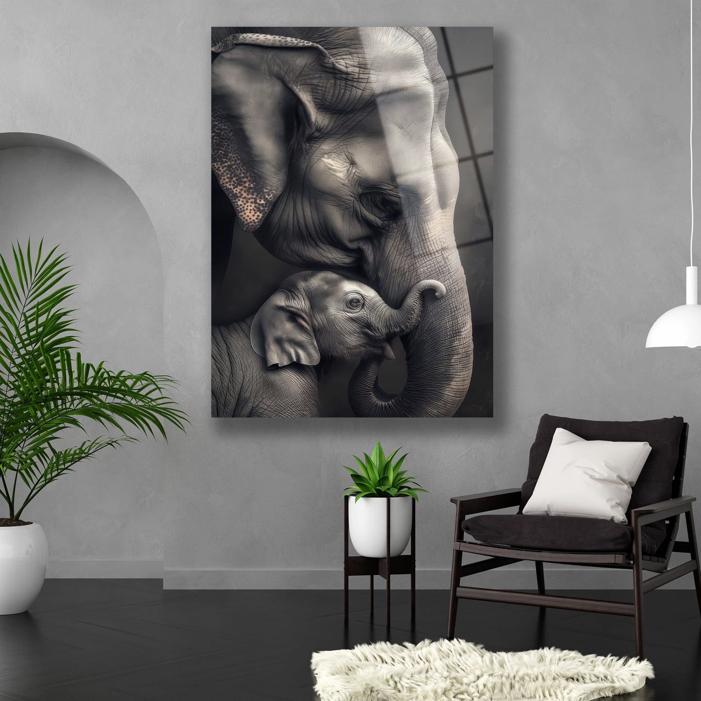 Dikey formda siyah beyaz vahşi yaşam temalı temperli cam tablo