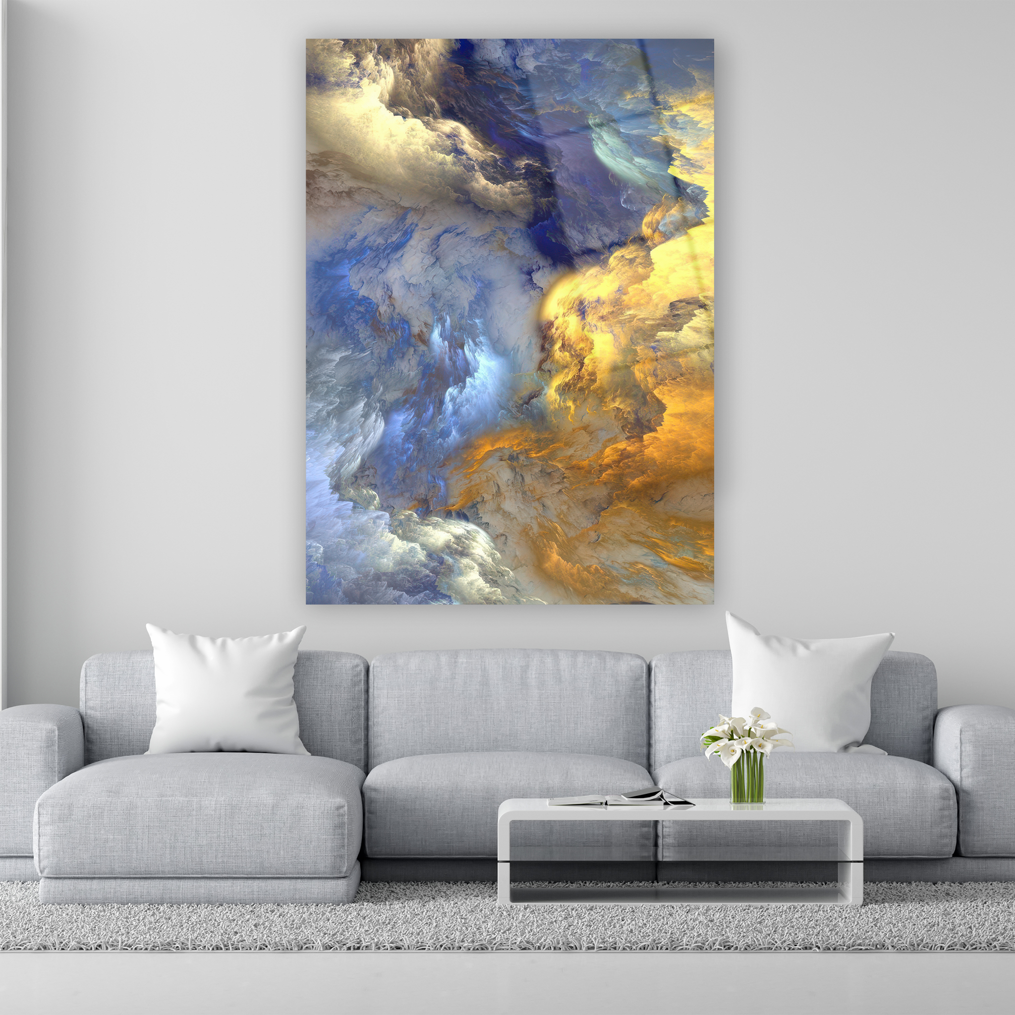 abstract blue and gold clouds glass art